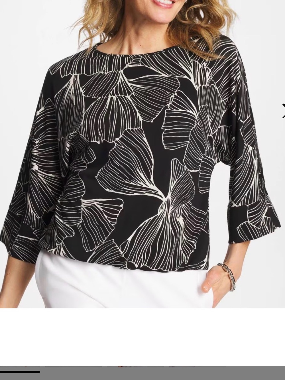 Chico's Black and White Floral Line-Print Blouson Sleeve Top size medium